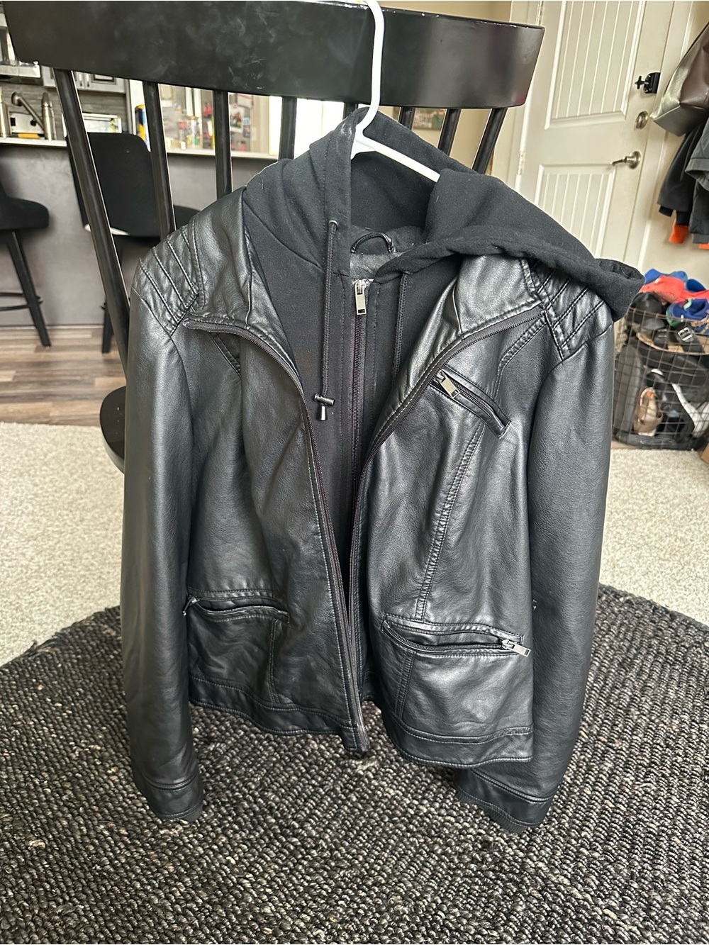 American Rag Black Leather Bomber Jacket with Hoodie Insert